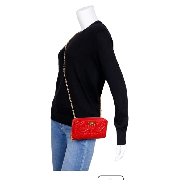 Salvatore Ferragamo WOC Scarlet Red Wallet on Chain Authentic Bag Crossb… - Picture 6 of 15